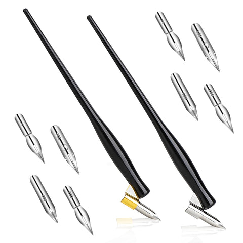 10PCS Oblique Calligraphy Dip Pen Set - 2-in-1 Drawing Pen Holder with 8 Pieces Stainless Steel Pen Replacement Nibs for Writing, Painting, Signing, Sketch