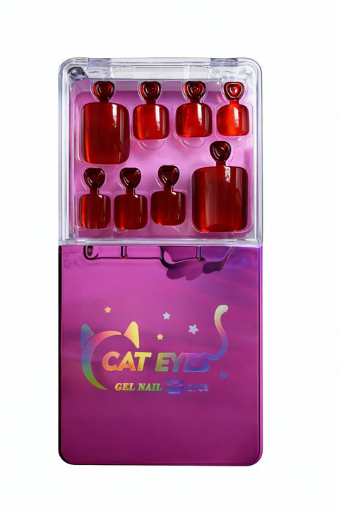 15 Pcs Press On False Toe Nails Set With Nail File and Wooden Stick – Artificial Toenails Kit for Easy Pedicure - Red CatEye Color