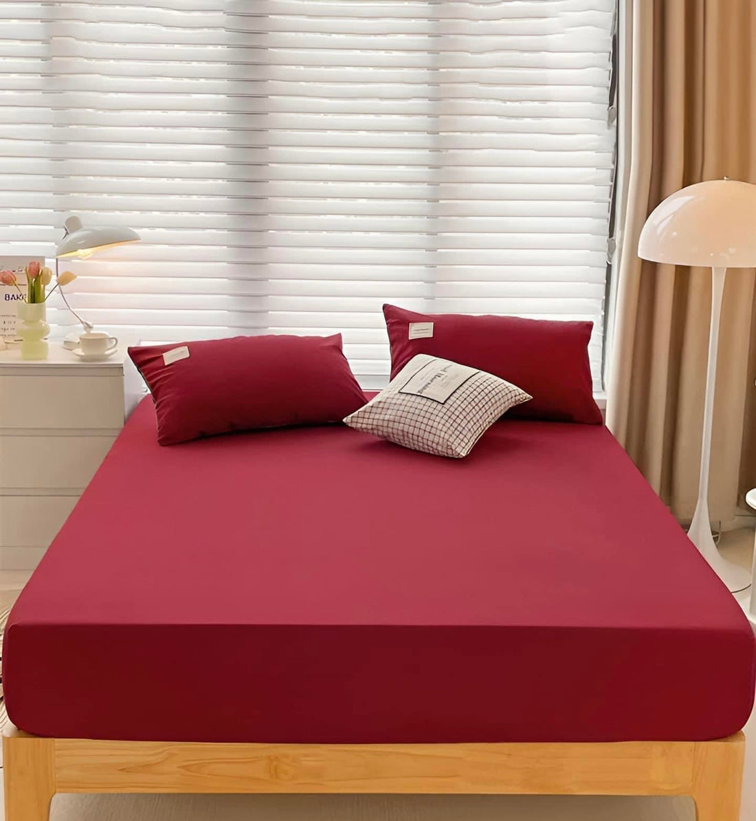 QBED Plain Fitted Sheet Set for Hotels, Homes & Touristic Villages 3 Pieces (Maroon, 120 * 200 * 30 cm)