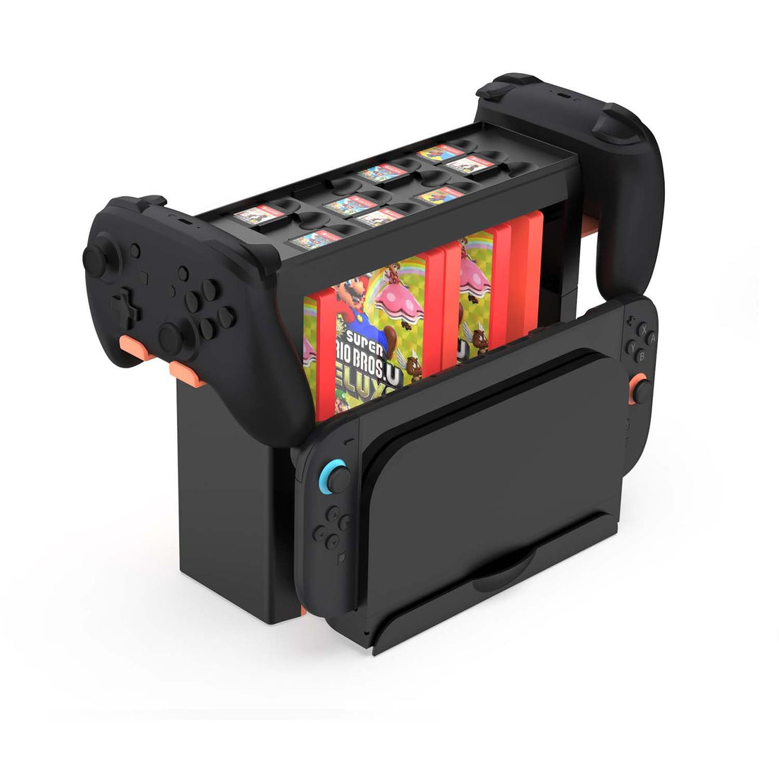 Game Storage Tower Compatible with Nintendo Switch 2/OLED, Game Disk Rack for 15, 12 Cartridges, Controller Organizer, Universal Holder Stand for Switch Accessories-Black Orange
