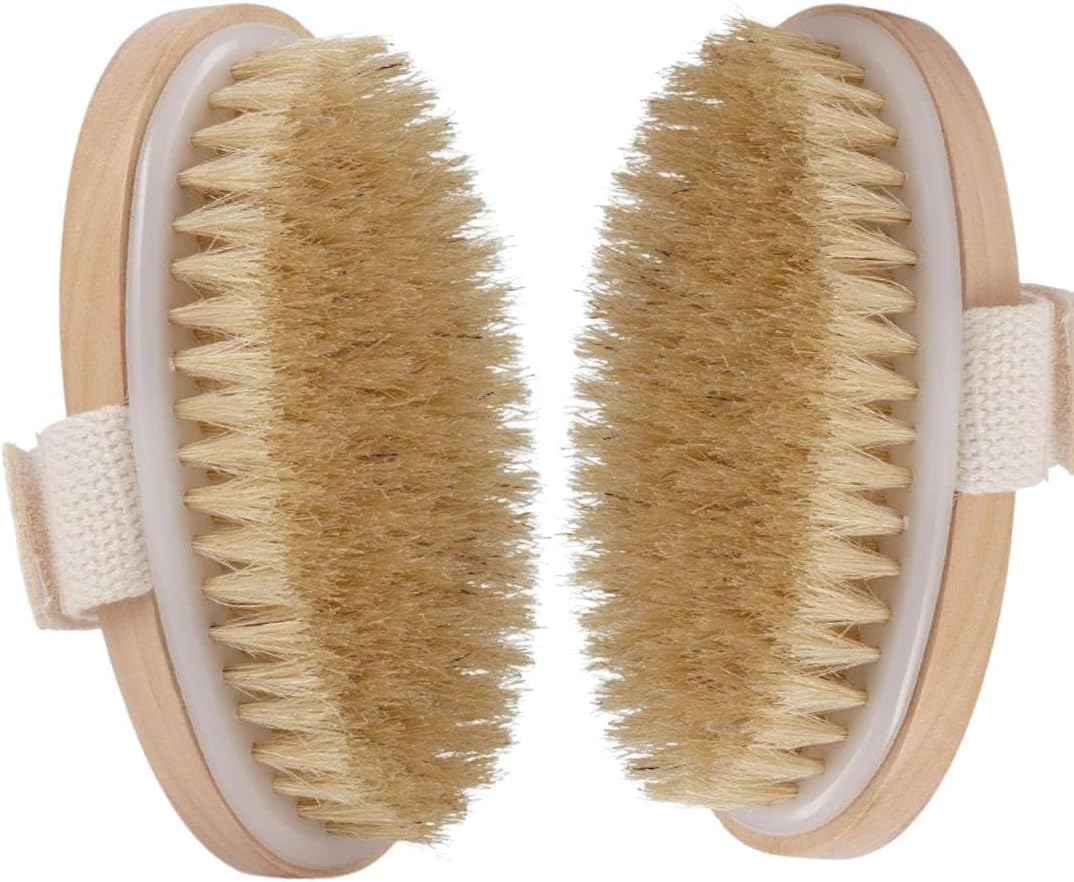 Body Brush with Natural Bristles for Dry Brushing and Bath Use, Gentle Exfoliating Body Care Tool with Secure Hand Strap for Home Spa Routine (2 Pack)