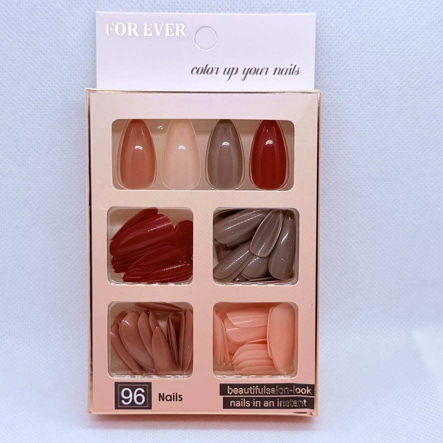 96 Pcs Glossy Press on nails - False nails - Almond Shape - 4 different colors - Fake Nails Full Cover Short Nail Oval Shape False Nails Artificial Fingernails (Orange Beige Caffe Red)