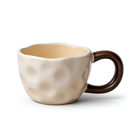 Wooden Handle Mug - Elegant ceramic coffee cup with natural wood handle, cream and brown tones, hand-painted details, heat-resistant and durable for morning rituals.