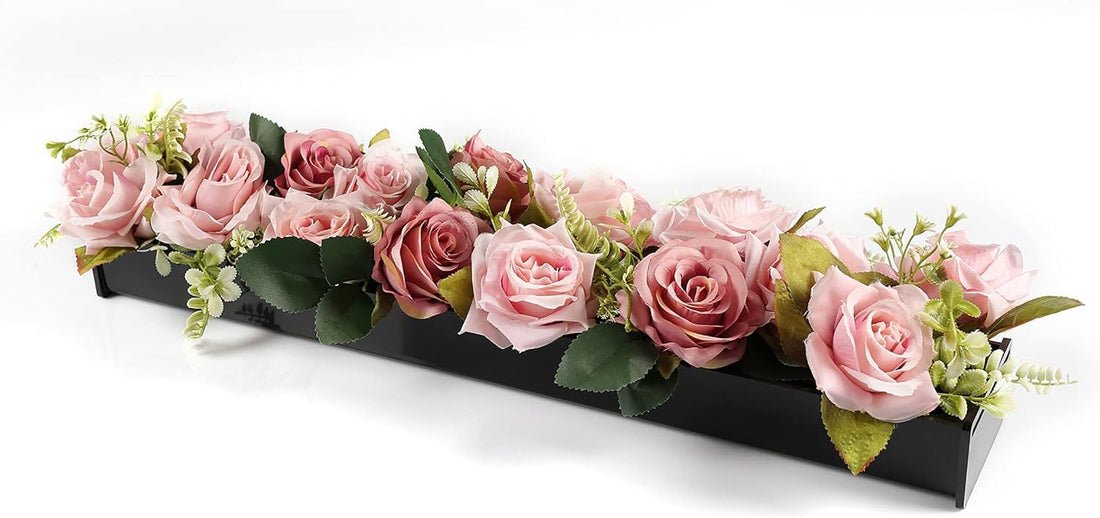 BEST MEDIA Rectangular Floral Centerpiece, 60cm Black Acrylic Low-Laying Modern Vase for Dining Tables, Home Décor, Events, and Weddings, Unique 24-Inch Rectangle Flower Holder with LED Base - Black