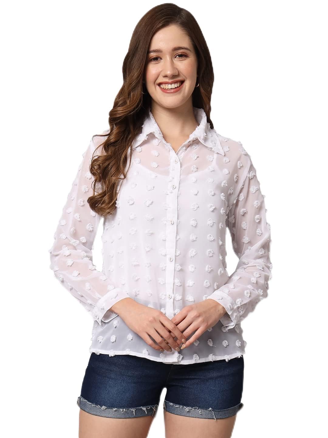 SUNSET EG STORE Women's Solid Sheer Chiffon Chunky Blouse (White, L)