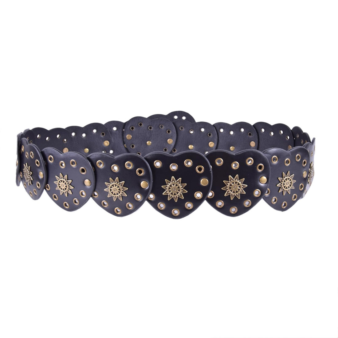 Nopatia Black Leather Waist Belt for Women with Heart Rings, Y2K Style Bohemian Metal Eyelets Gold Sun, Vintage Wide Belt for Dresses, Clothes, Jeans.