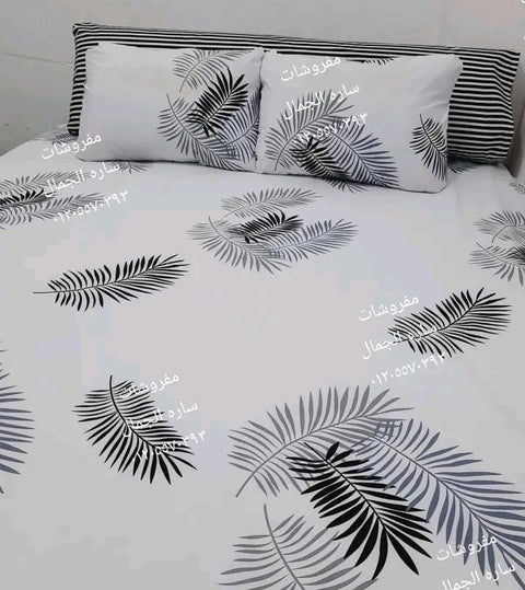 Amerya Cotton Bedsheet Set, White with Leaves Print, Size 240x240cm, 5 Pieces, Includes 2 Pillow and 2 Pillow Shams