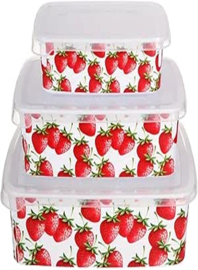 Refrigerator Box Set (Different Sizes Square Plastic Food Containers with Red Strawberry and Clear Lids)