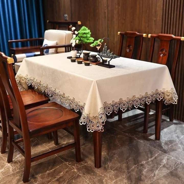 Generic Elegant Lace Border Tablecloth, Easy-Clean Leather Material, 150 x 210 cm, Cream .flo