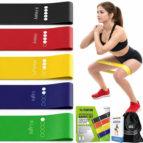 TechStone Resistance Bands Set for Men and Women, Pack of 5 Different Levels Elastic Band for Home Gym Long Exercise Workout – Great Fitness Equipment for Training, Yoga – Free Carrying Bag