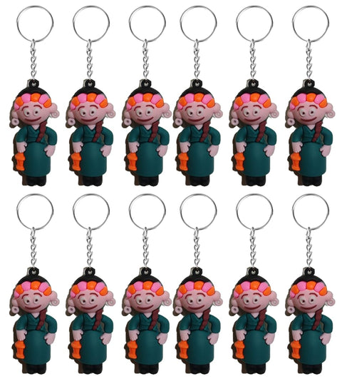 basant Character Keychain with Colorful Hair Rollers, Green Outfit, 12 Pack