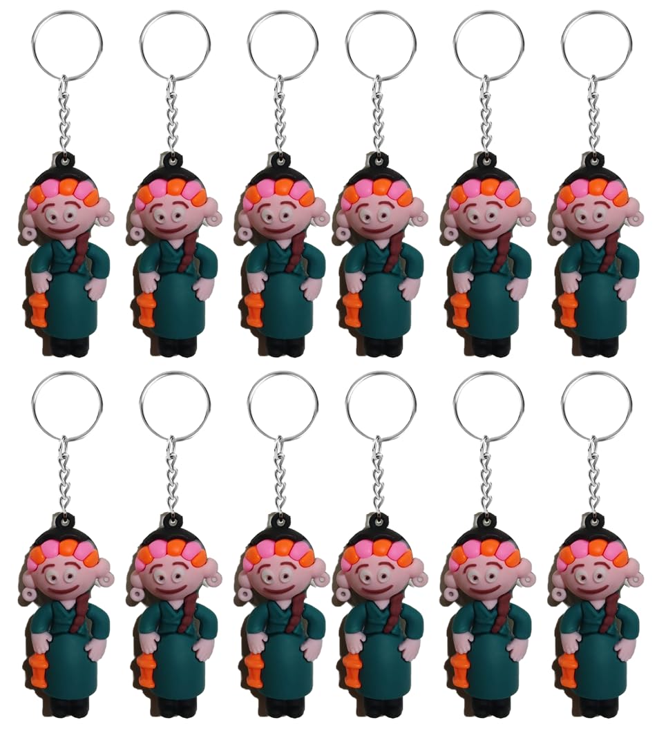 basant Character Keychain with Colorful Hair Rollers, Green Outfit, 12 Pack