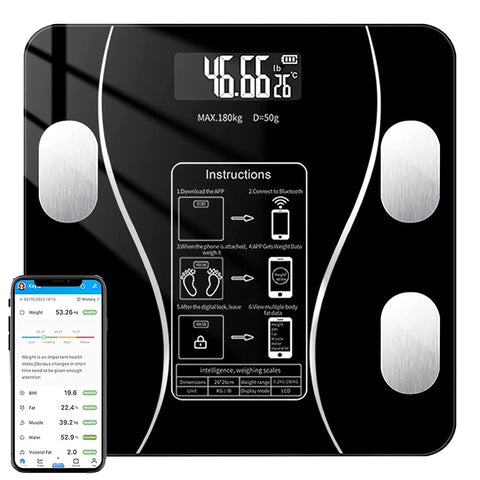 Digital Personal Scale, Smart Body Weight Scale with Bluetooth and App, USB Rechargeable Body Composition Monitor (Black)