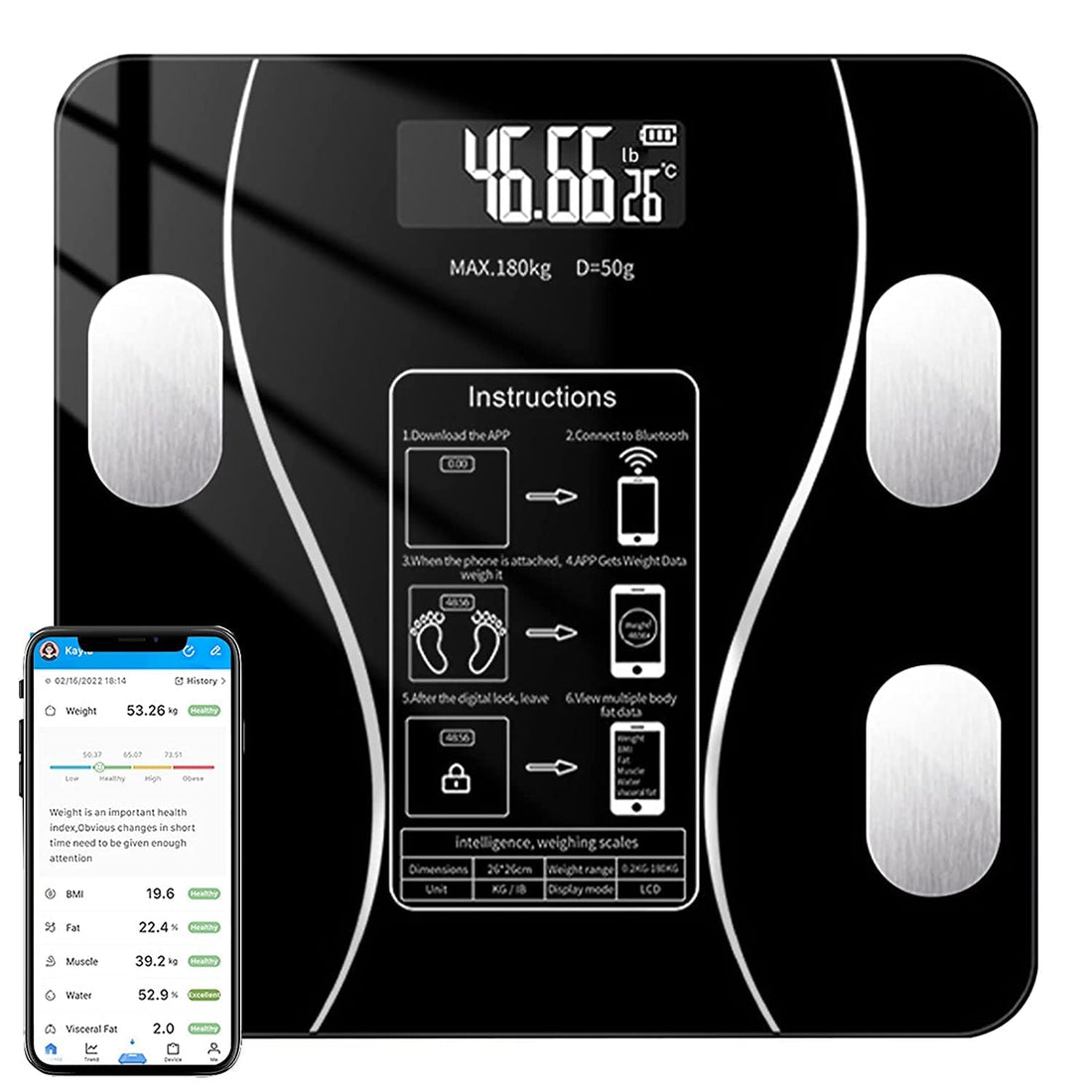 Digital Personal Scale, Smart Body Weight Scale with Bluetooth and App, USB Rechargeable Body Composition Monitor (Black)