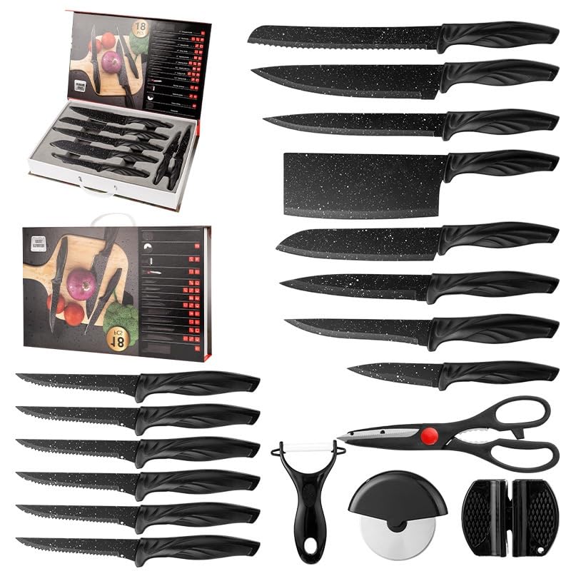 Quality Sharp 18-Piece Knife Set with Storage Case, High Carbon Stainless Steel with Non-Stick Coating, Includes Bread & Chef’s Knife, Utility & Steak Knives, Cleaver, Pizza Cut, Sharpener & More