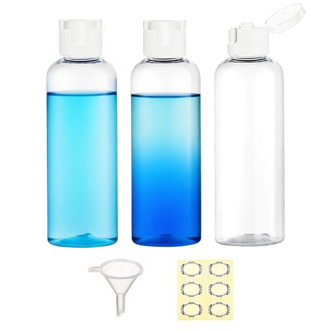 3PCS 200ML Plastic Travel Bottles with White Flip Cap Empty Squeeze Bottles Transparent Refillable Travel Container with Funnel for Liquid Lotion Shampoo Toiletries Makeup Cosmetic
