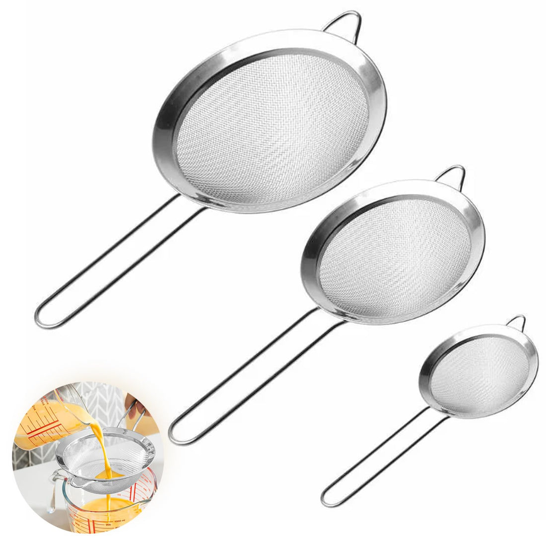 Lonimia Stainless Steel Kitchen Strainer, Set of 3, 8/10/12 cm, Fine Mesh, Dishwasher Safe