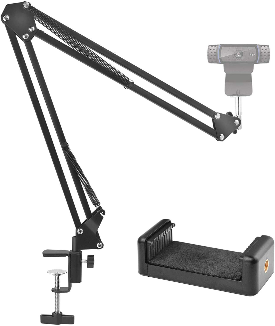 SHOPEE Webcam Stand, 28" Webcam Camera Clamp Mount Adjustable Desktop Suspension Boom Scissor Tripod Stand Built-in 1/4" Screw Flexible Long Arm Swivel Holder with Mobile Clip Holder(Black)