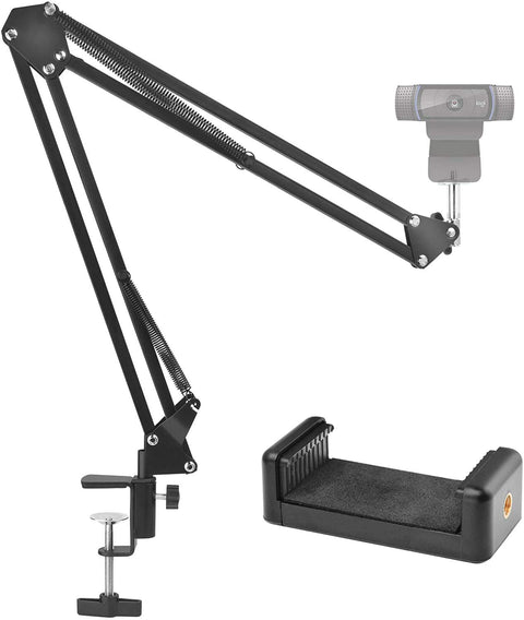 SHOPEE Webcam Stand, 28" Webcam Camera Clamp Mount Adjustable Desktop Suspension Boom Scissor Tripod Stand Built-in 1/4" Screw Flexible Long Arm Swivel Holder with Mobile Clip Holder(Black)