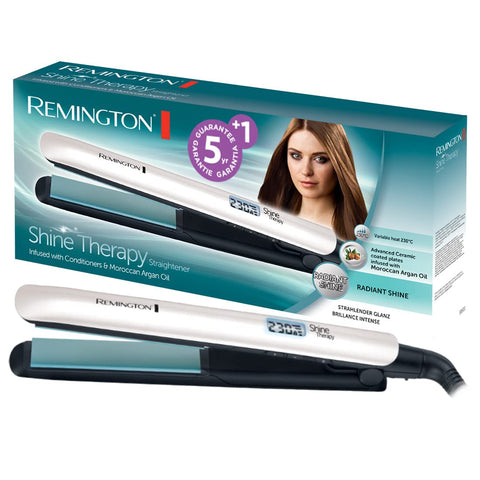 Remington Shine Therapy Hair Straighteners (High-Quality Ceramic Coating Enriched with Micro Active Ingredients for More Shine Moroccan Argan Oil & Vitamin E) LCD Display, 150-230°C, Hair Straightener