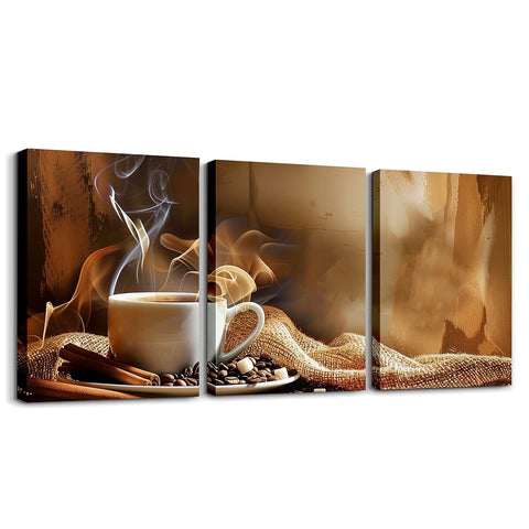 Erosebridal Coffee Wall Art for Coffee Shop Coffee Bean Kitchen Artwork Wall Decor Brown Coffee Canvas Wall Art of 3 Food Pictures for Living Room Home