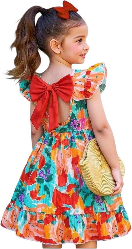 Girls Floral Colorful Flying Sleeve Back Bow Summer Dress