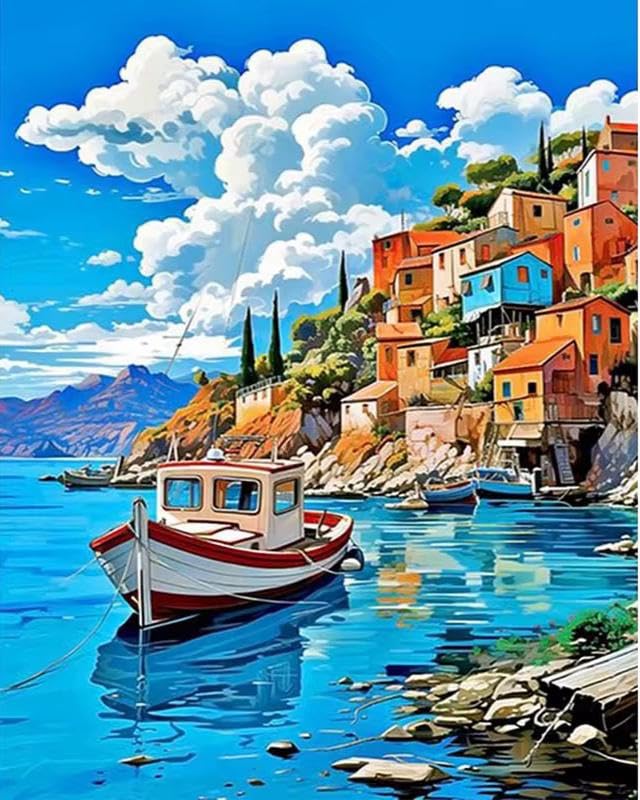 Paint By Numbers Kit, Mediterranean Village Seascape, 40x50 cm Canvas, Acrylic Paint Set with Brushes, Pre-printed Design for Adults, Rustic Countryside Theme