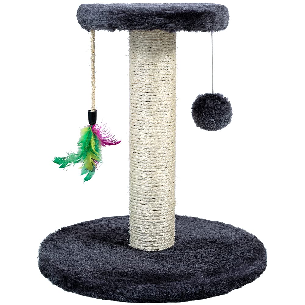 Cat Scratching Post 30cm for Small Kitten with Sisal Rope, Feather & Hanging Toy Ball – Cat Scratcher Board for Cats Indoor Play with Dangling Ball and Covered with Soft Smooth Plush (Grey)