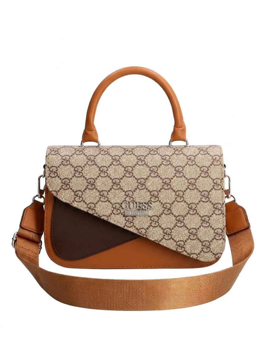 Women's Monogram Satchel Handbag, Beige Brown Camel, Faux Leather, Medium, Top Handle and Adjustable Crossbody Strap