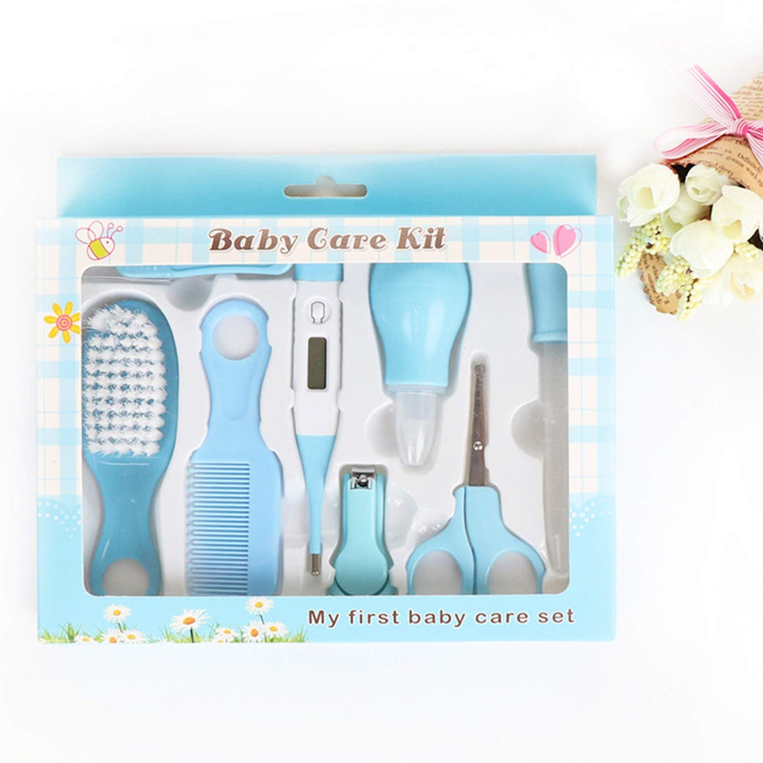 8Pcs/Set Baby Grooming Care Infant Daily Nurse Tool for Travelling & Home Nursery Care kit,with Hair Brush Nail ScissorsNail Clipper Scissor Tweezer Thermometer Brush Comb Blue