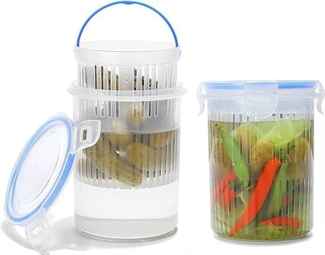 Valencia 2.2L Pickle Storage Container with Internal Strainer Multi-Use Airtight Food Box for Olives Cheese and Vegetables Clear Kitchen Organizer