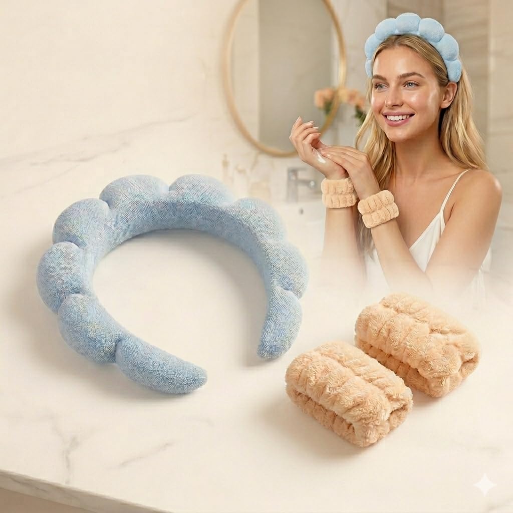 Spa Headband for Washing Face Wristband Sponge Makeup Skincare Headband Terry Cloth Bubble Soft Hairband for Women Girl Puffy Padded Headwear Non Slip Thick Hair Accessory (Blue [14 Pcs], Standard)