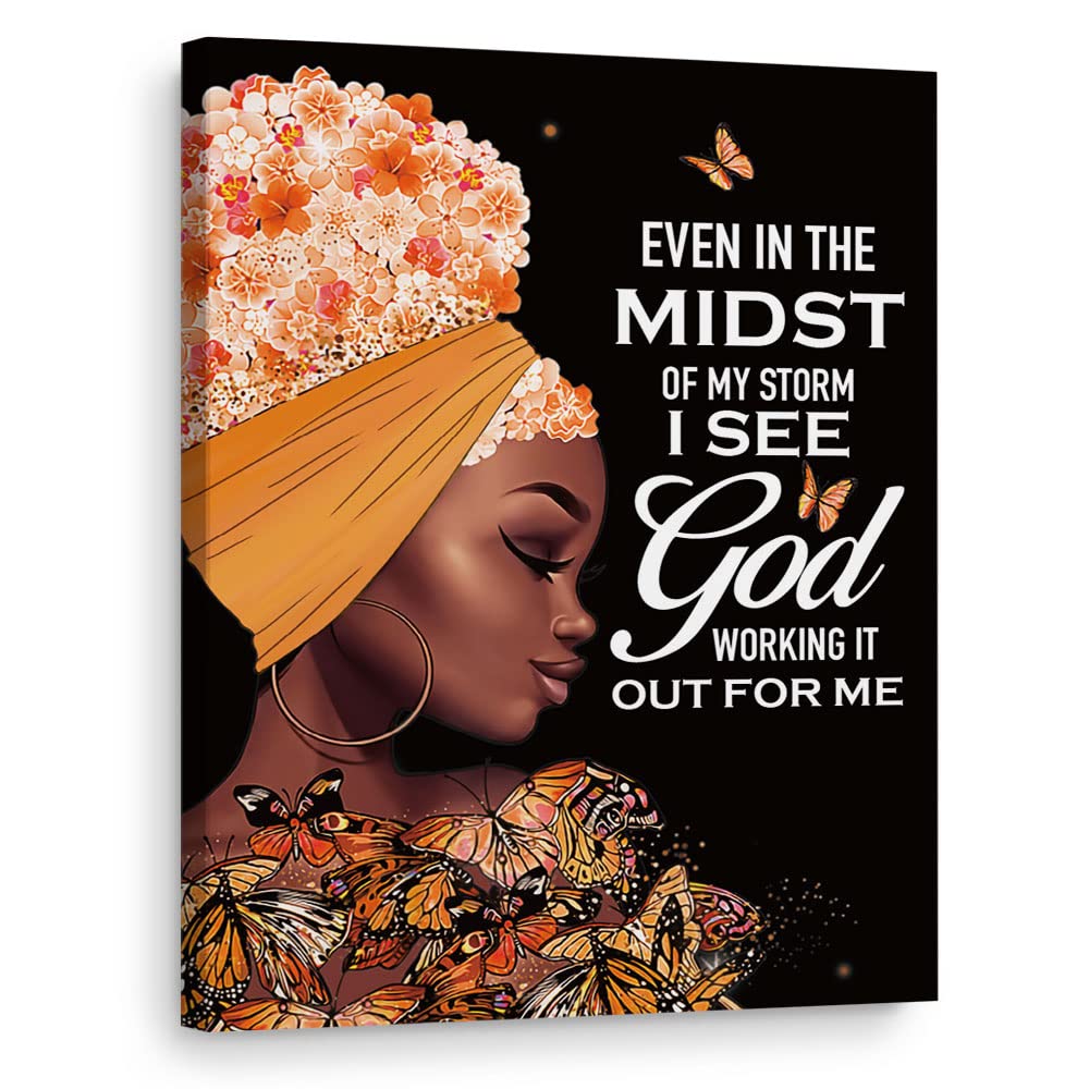 Inspirational Religious Canvas Wall Art for Black Girl Woman Christian, Midst of My Storm, African American Motivational Artwork Print Afro Feminism Wall Decor Framed Painting, Ready to Hang 12"x15"