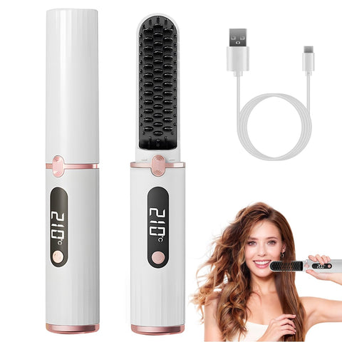 Cordless Hair Straightener Brush for Travel, Portable Hair Straightening Comb with Negative Ions, Anti-Scald & Fast Heating, LED Display & Temp Set