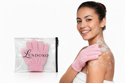 LENDORO Exfoliating Gloves Loofah, Body Scrubber for Smooth, Soft and Radiant Skin, for All Skin Types (2 Pieces) (Random Color)