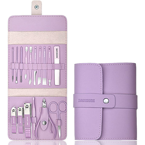 Manicure Set Professional Nail Clippers Pedicure Kit, 16 pcs Stainless Steel Nail Care Tools Grooming Kit with Luxurious Travel Leather Case for Thick Nails Men Women Gift (Purple)