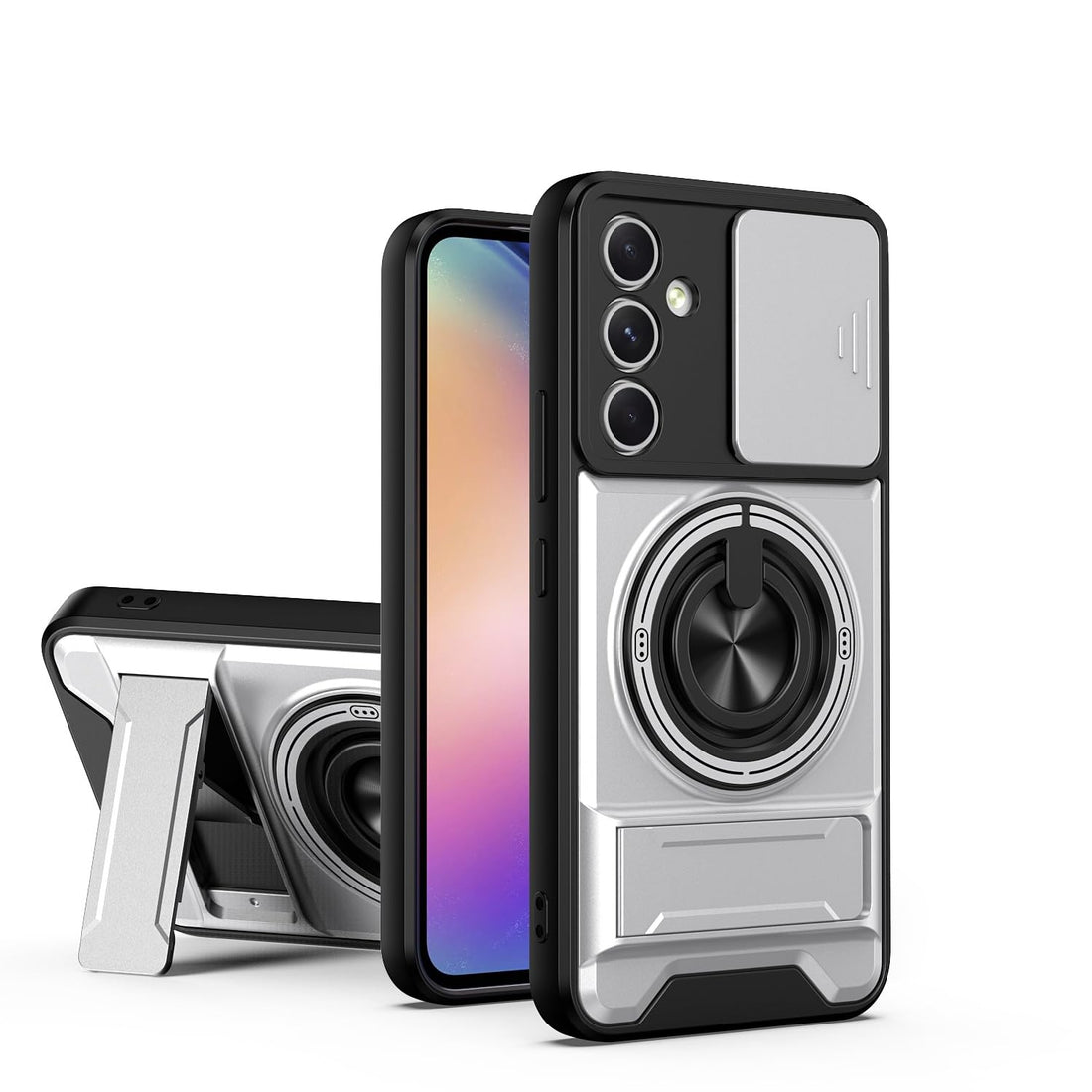 Case Cover Shock Resistant UNBLACK Protect Camera TPU + PC With KickStand Compatible with Samsung Galaxy A54 (Silver)