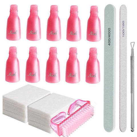Nail Gel Polish Remover Tool Kit , 10 Pcs Plastic Nail Clip , Nail Wipe Cotton , Nail Files ,nail Brush Cuticle Pusher Peeler for Women’s Nail Art Accessories