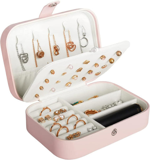 Jewellery Organisers Box With Multiple Compartments 2 Layer Portable Travel Carry Along Storage Box Organizer for Earrings, Rings, Necklaces, Bracelets (Pink)