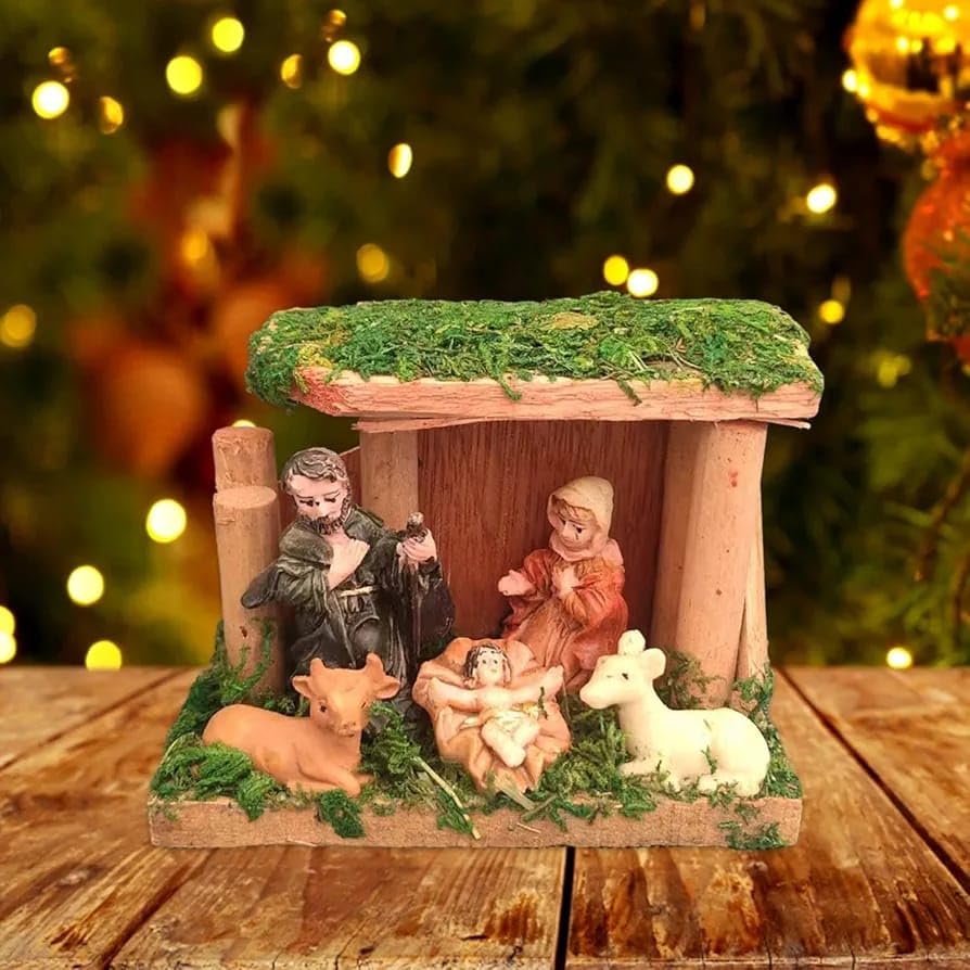 Generic Decorative Nativity Scene, Holy Family Christmas Figurine Set of 2, Resin Sculpture with Stable, Indoor Outdoor Display