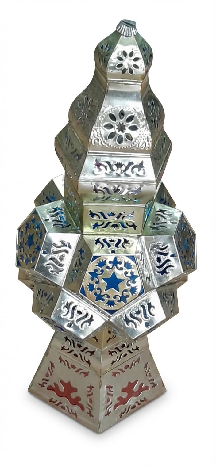 Lamasaty Handmade Moroccan Metal Lantern (75 cm) – Silver Decorative Floor Lantern for Ramadan & Home Ambience