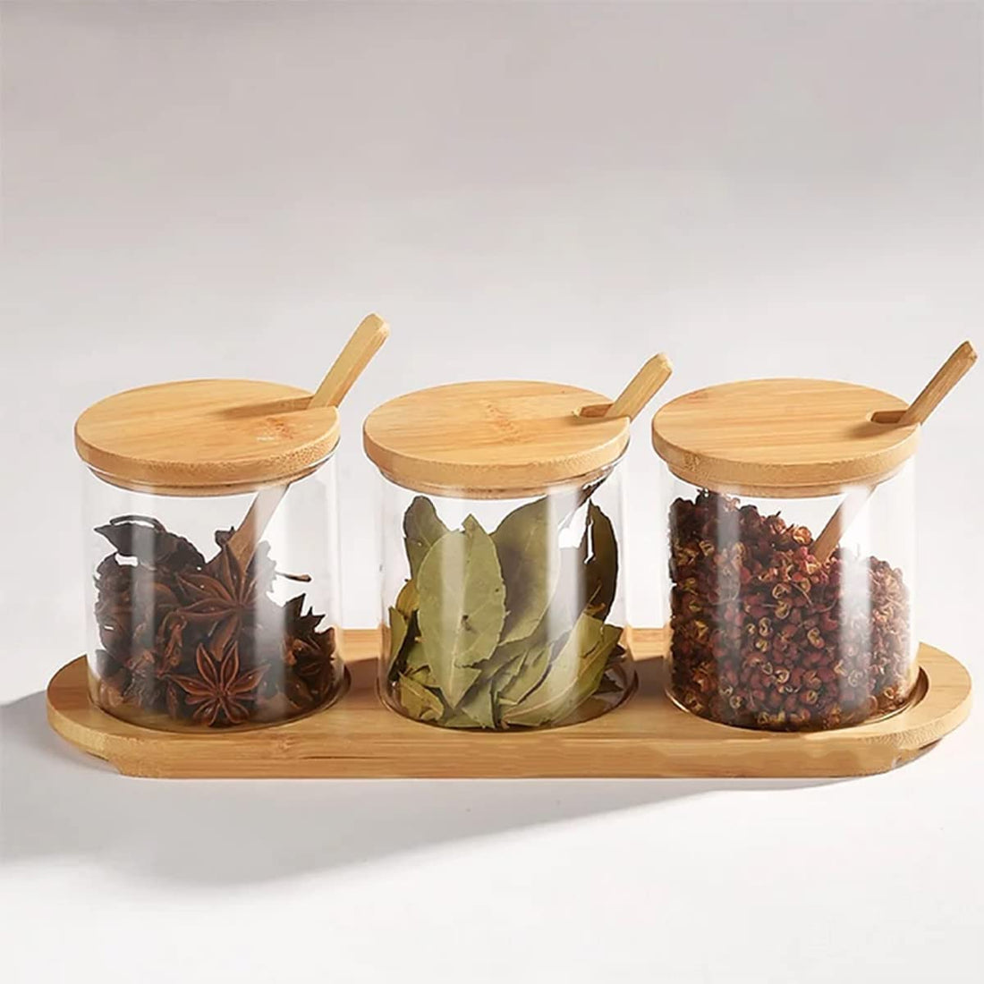 Glass Spice Jar Set of 3 – 320ml Seasoning Jars with Bamboo Lids, Spoons & Base, Clear Salt Sugar Spice Containers for Kitchen & Coffee Bar