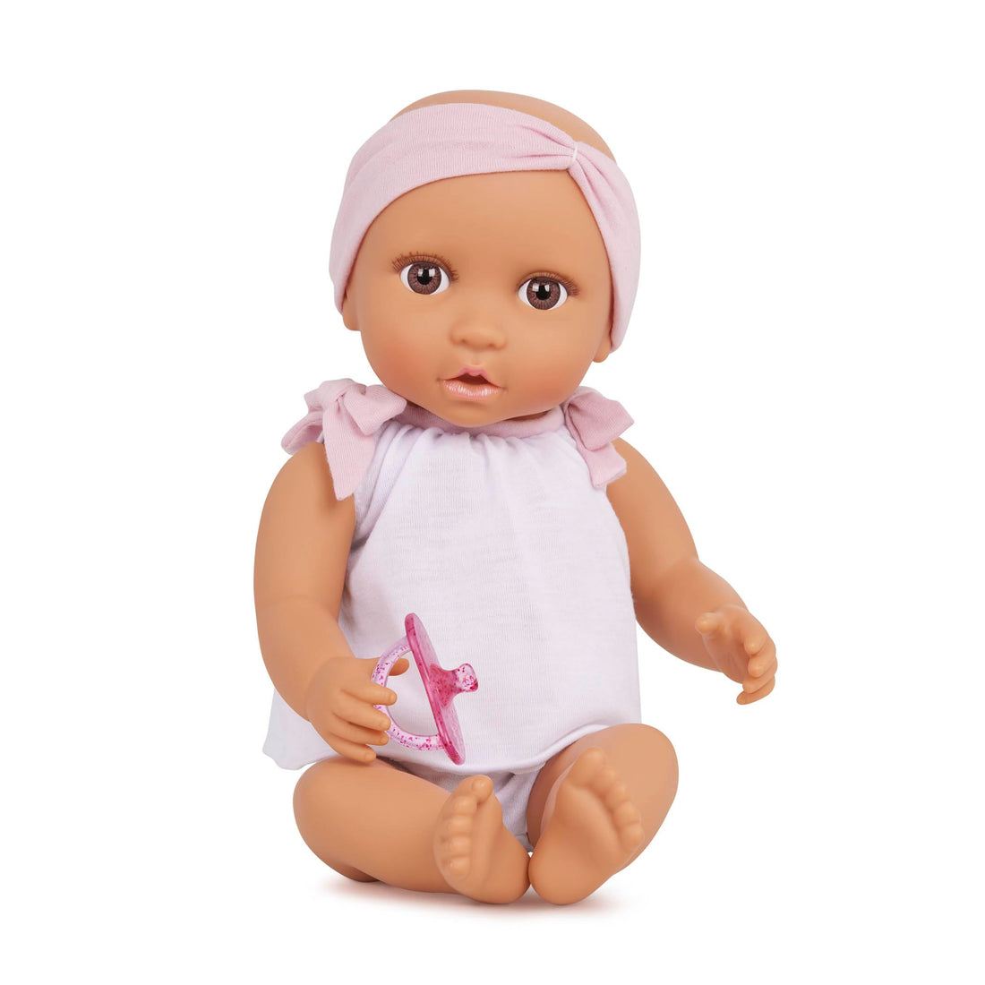 LullaBaby LBY7225Z 14-inch Realistic Olive Skin Tone & Brown Eyes - Soft Body & Removable Pacifier Accessory - Toys for Kids Ages 2 & Up - Baby Doll - 2-pc Outfit & Pink Headband, Multi