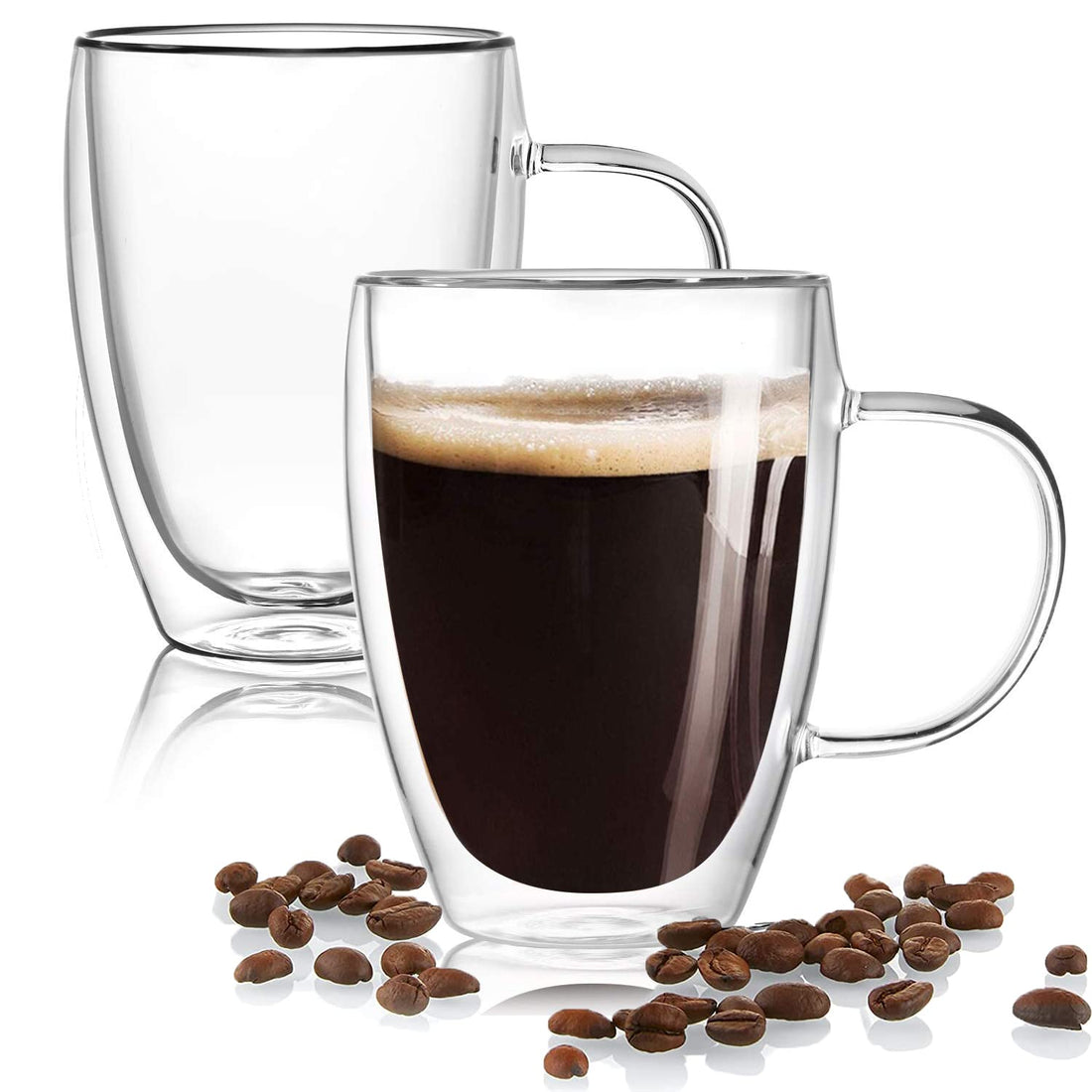 Arabest Double Wall Glass Coffee Mugs, 2 Pack 350ml Clear Glass Coffee Cups with Handle, Insulated Coffee Glass for Cappuccino Cups Tea Cups Latte Cups Espresso Beverage Glasses, Microwave Safe