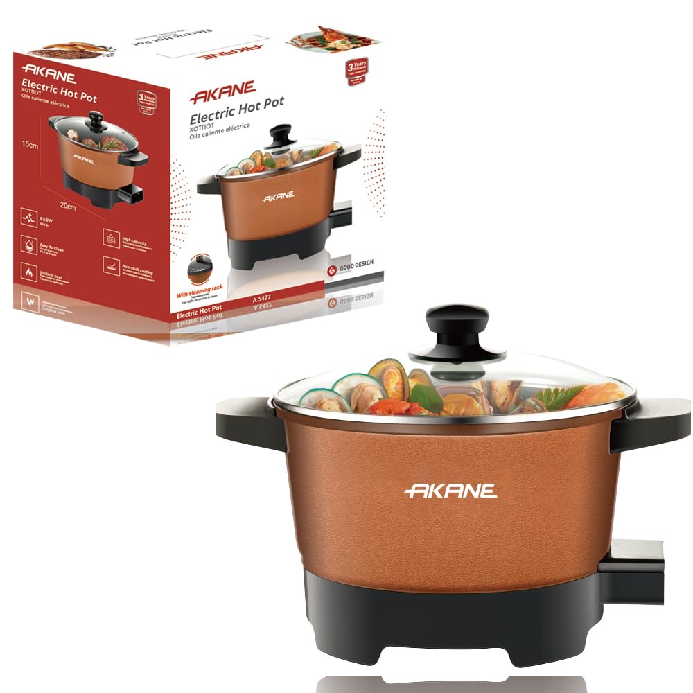 AKANE 650W Electric Hot Pot A.5427, Compact Non-Stick Steaming Cooker with Rack, Uniform Heating, Multi-Function Hot Pot for Cooking, Boiling, Steaming and Soup Making