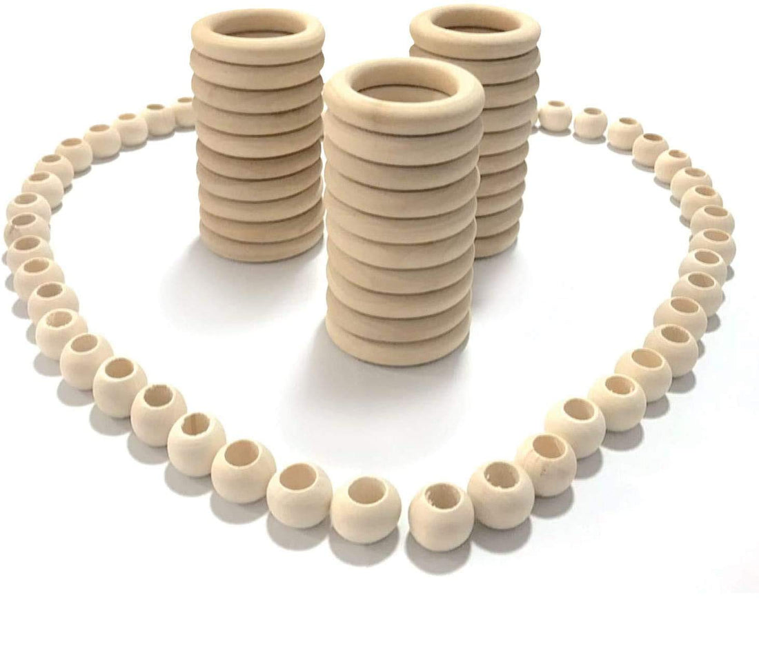 JAZZEEL Macrame Craft Kit - 80 Piece Set with 50 Assorted Large Hole Wood Beads & 30 Wood Rings, Natural Wooden Crafting Supplies for DIY Wall Hanging, Plant Hangers, and Jewelry Making