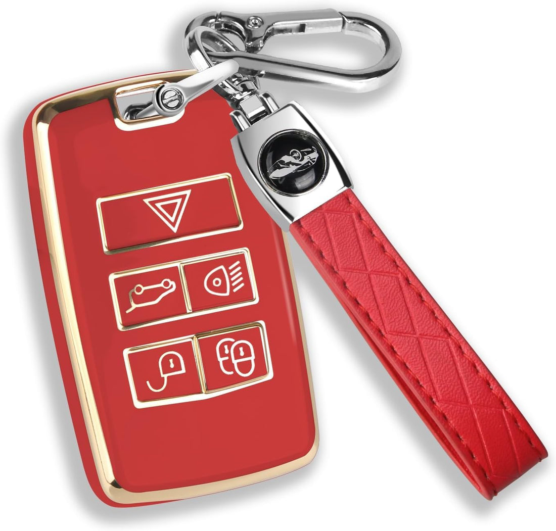 Car Key Case with Keychain – TPU Cover, Compatible with 2018-2026 Land Rover Model (Range Rover Evoque, Sport, Vogue, Discovery 5) and Jaguar E I-PACE – (Red - Gold)