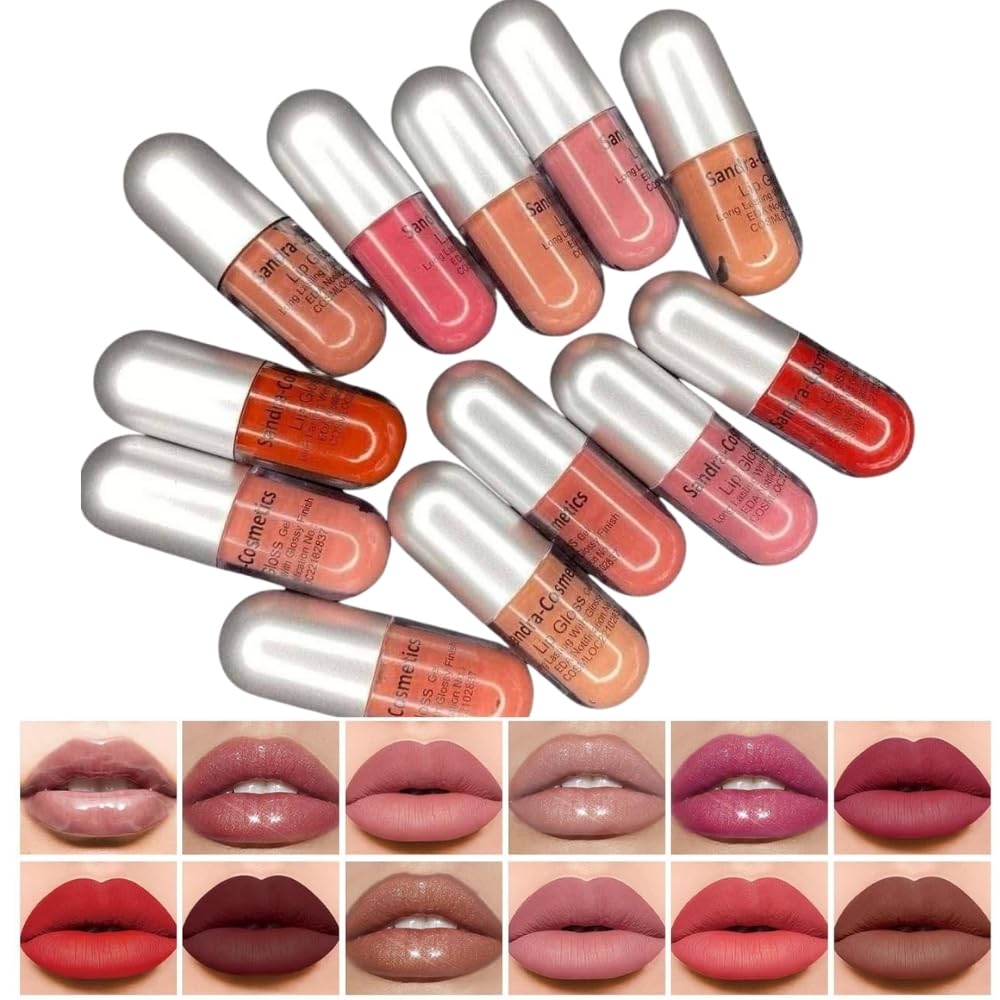 Sandra Cosmetics 12-Piece Lip Gloss Gel Set – Moisturizing, Non-Sticky, Long-Lasting Shine – Variety of Colors – Portable & Reusable Pouch – Ideal Gift for Women & Teens