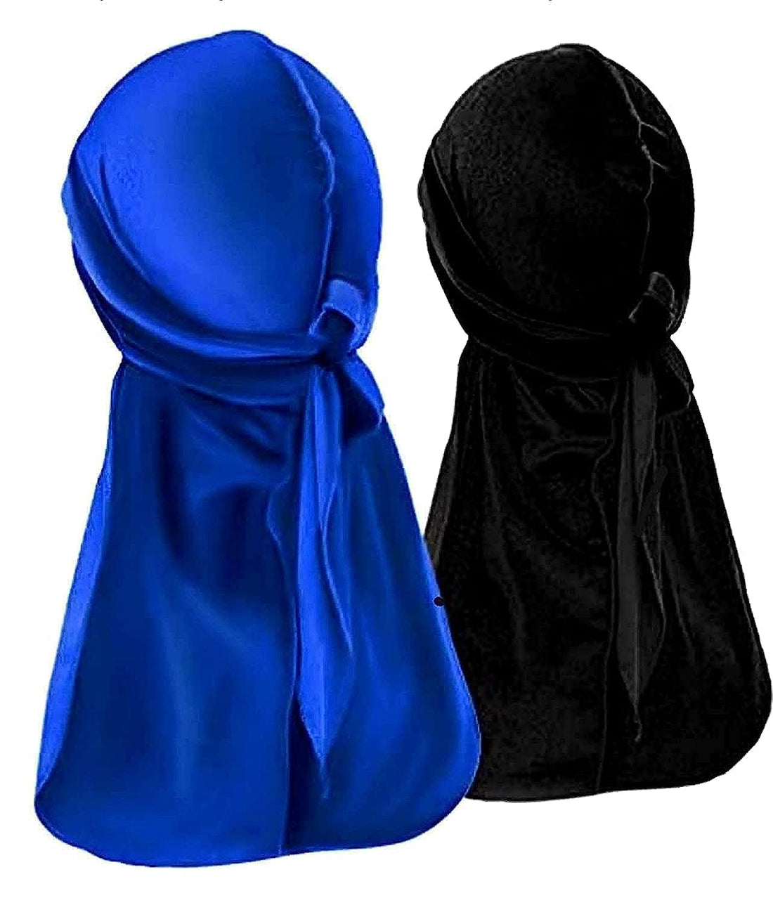 Velvet Durags for Men, 2 Pack Designer Long Tail Beanies Doo Rags Caps, Soft Wide Straps Do Rags Cap for Waves (Black and Royal Blue)