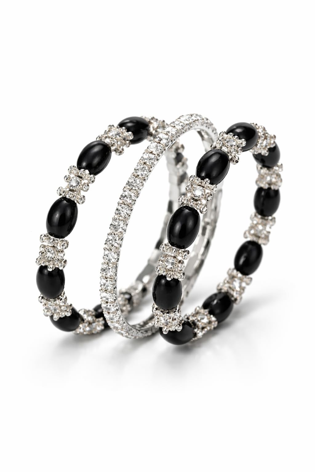 Stylish Bracelet with Black Shiny Stone and Crystal Studded Design One Size Fits All, Triple Layer Design.
